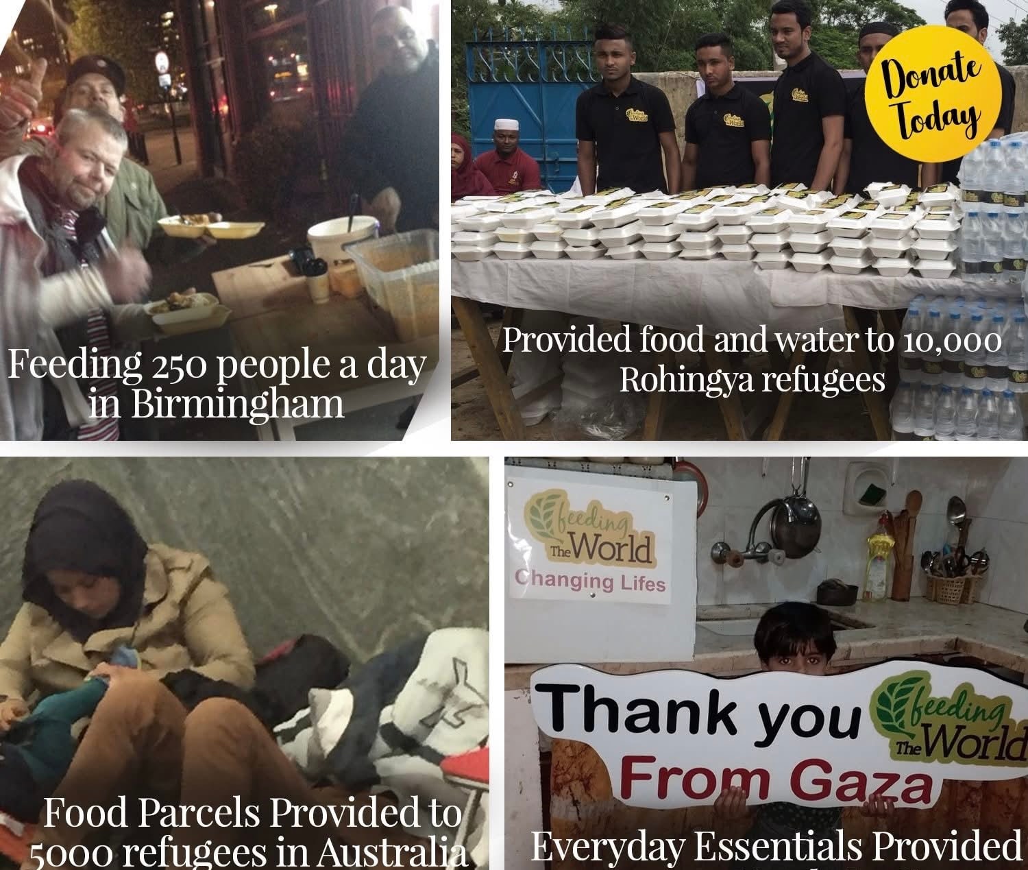 Collage showing work in Birmingham, with Rohingya refugees, in Australia and Gaza