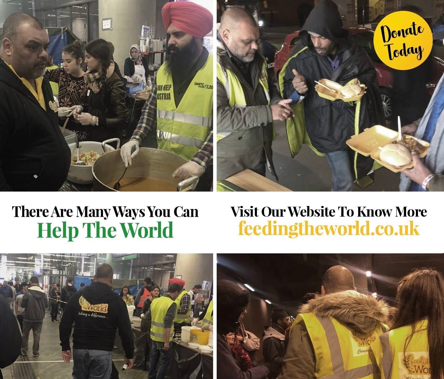 Collage of Feeding The World volunteers serving hot meals and distributing aid